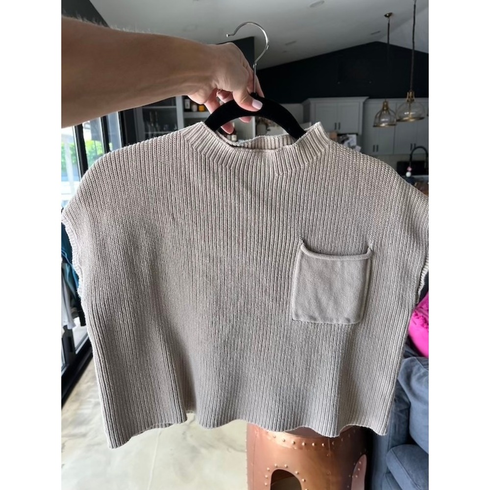 Tan Oatmeal Ribbed Knit Crop Sweater Mock Neck Short Sleeve Pocket Womens Medium